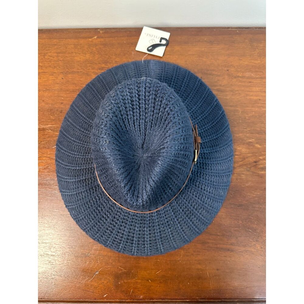 NWT Styline Navy Blue Ribbed Knit Panama Hat Wide Brim Fedora Faux Leather Belt